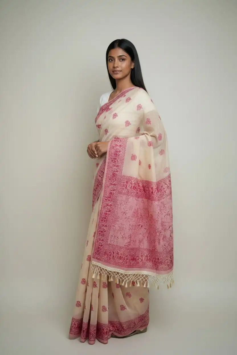 Bomkai Sonepuri Cream Cotton Saree Magenta Pink Buti Border view 2