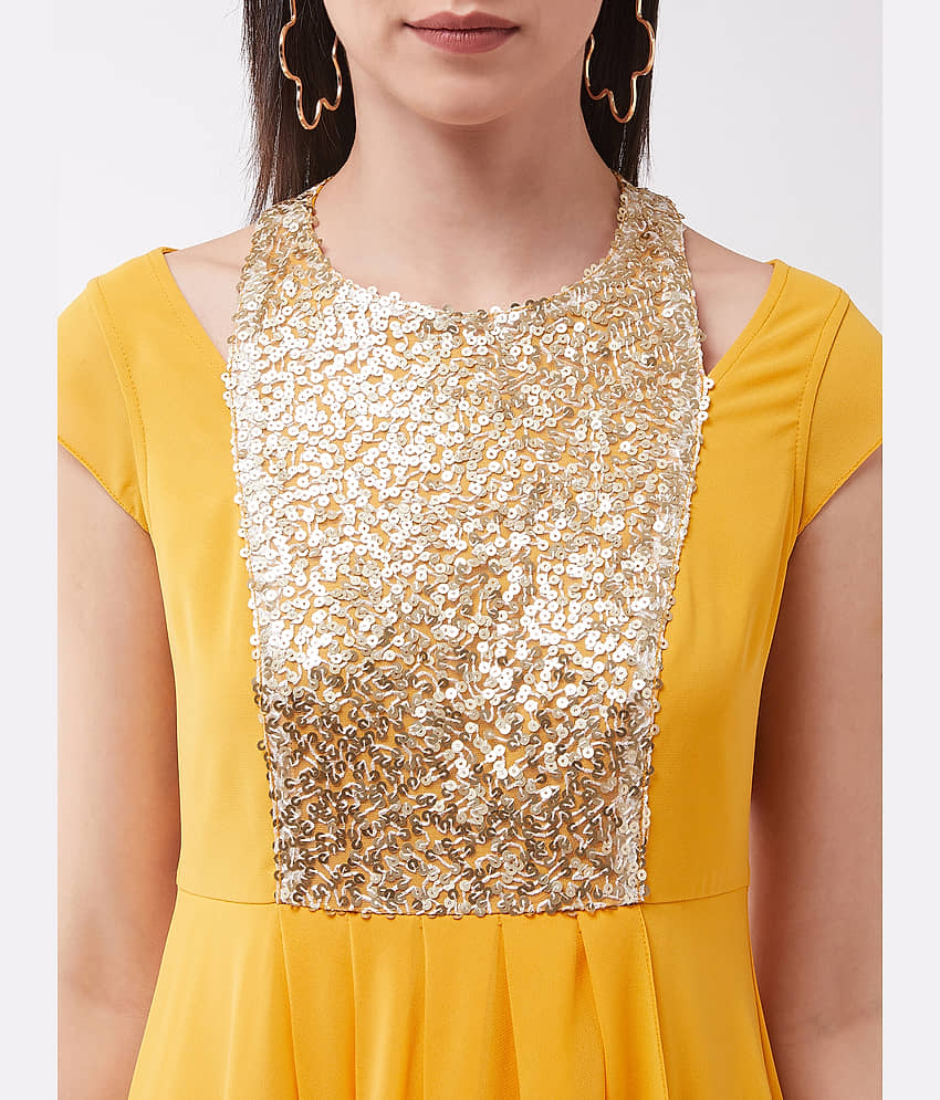 Miss Chase Women Polyester Embellished A-line Dress ( Mustard ) view 2