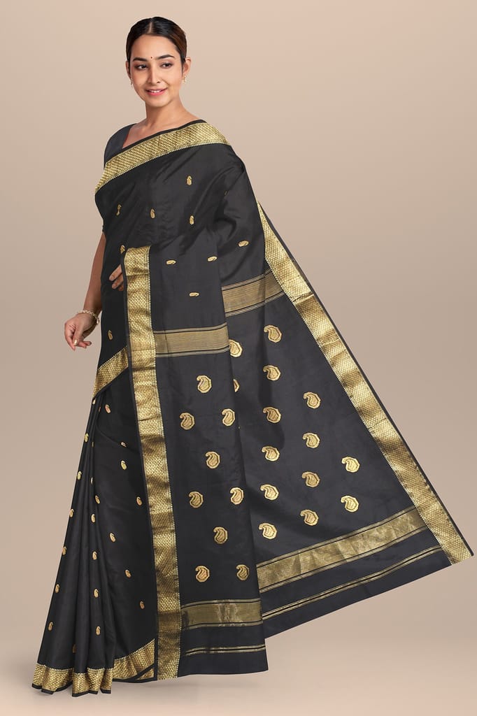 Black Handwoven Sausar Silk with Zari Border and Carry Buta Saree SKU-BS10092 view 2