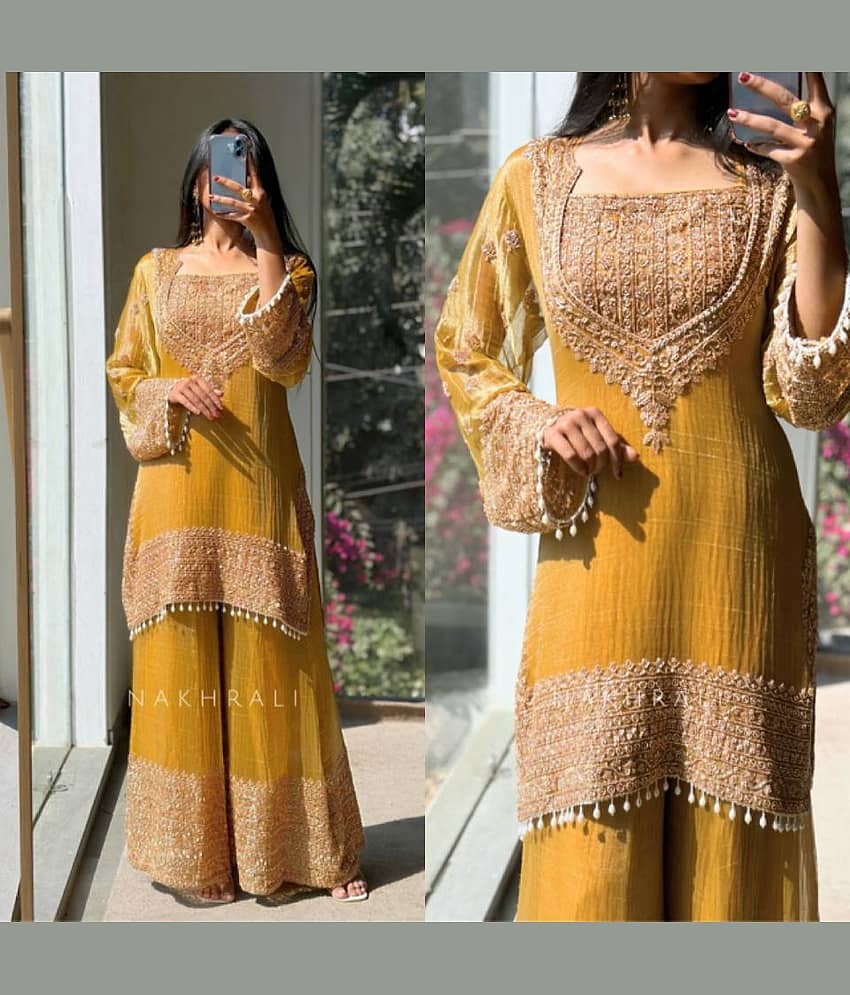 BHAGYASHRAY Women Silk Embroidered Ethnic Motifs Kurti With Patiala Salwar ( Yellow ) view 2