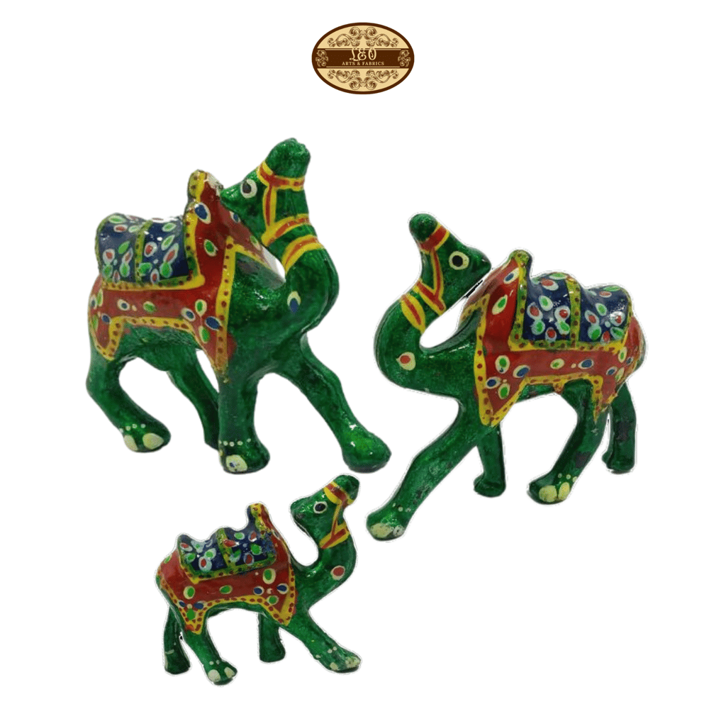 Handcrafted Paper Mache Camel Family Figurines, Set of 3, Green view 2