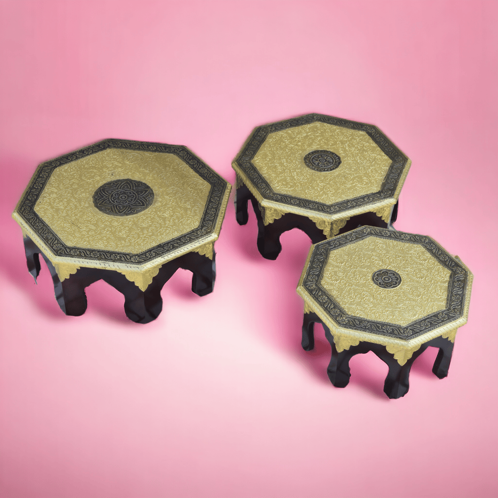 Pooja Bajot Stool/Octangle Pooja Decor/Brass Chowki/Patla/Chowki for Daily Prayer/Sitting Chowki for All Purpose ( set of 3 pieces ) view 2