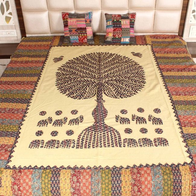 Tribes India Handmade Tree Of Life Applique Bed Cover / Bed Sheet (108×90 Inches) (1TTXHOMRJ12649) view 2