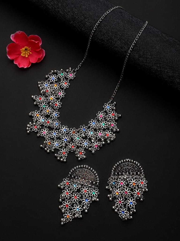 Cardinal Oxidized Silver Multicolor Stone Choker Necklace Set view 2