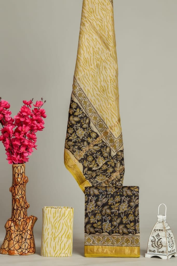Floral Jaal Hand Block Print Maheshwari Silk Suit Set (MSL11) view 2