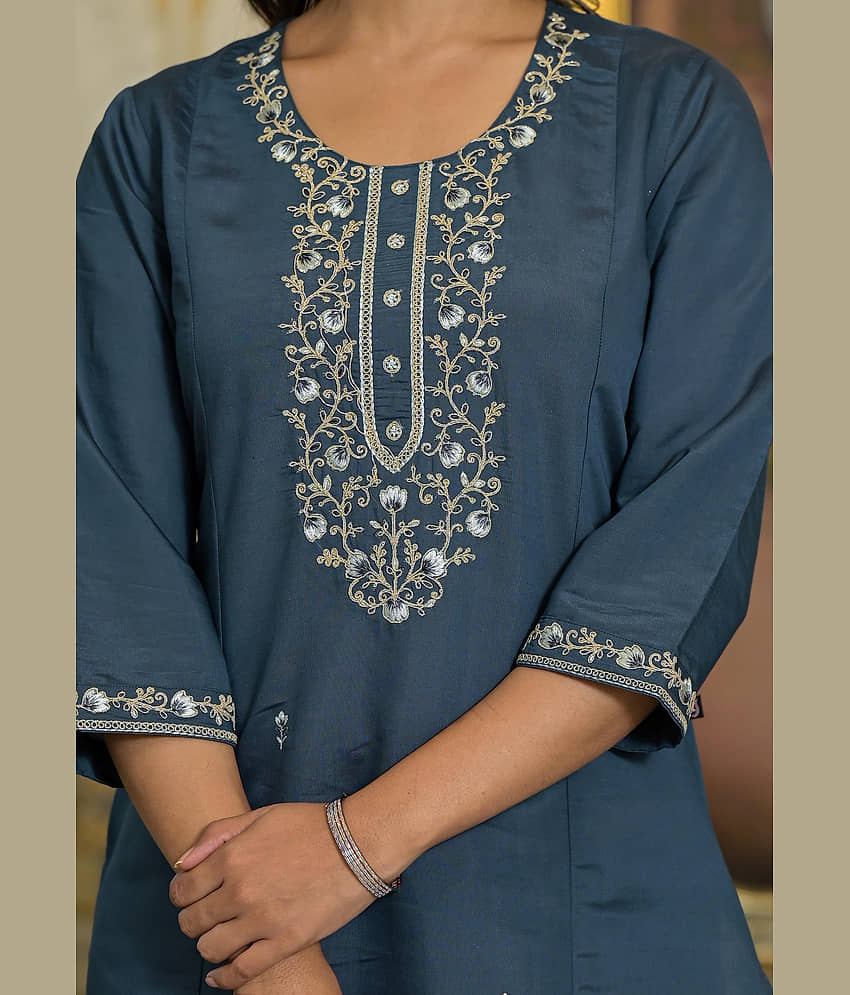 Juniper Viscose Embroidered Kurti With Pants Women's Stitched Salwar Suit - Grey ( Pack of 1 ) view 2