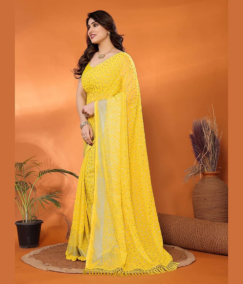 VEDANT VASTRAM Georgette Self Design Saree With Unstitched Blouse Piece ( Yellow ) view 2