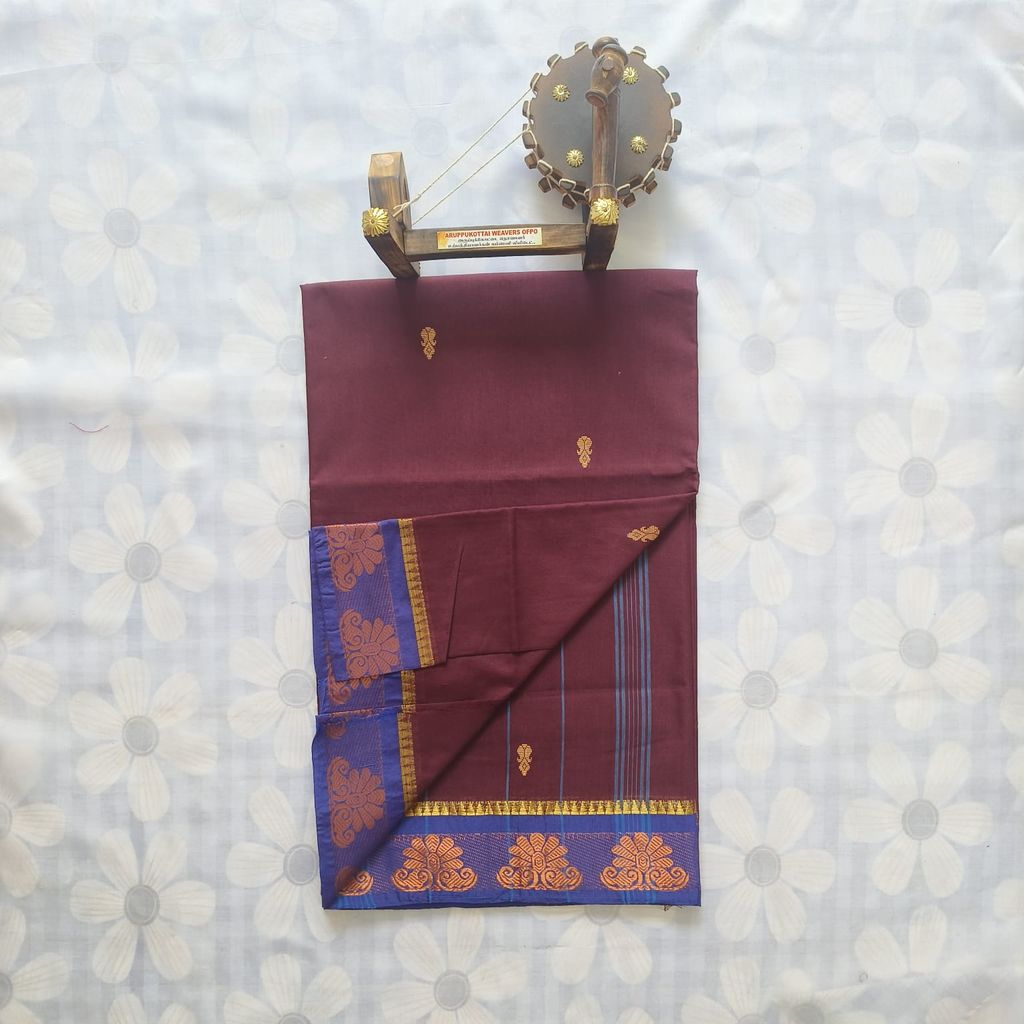 Cotton Saree without Blouse -Flower Border - Wine view 2
