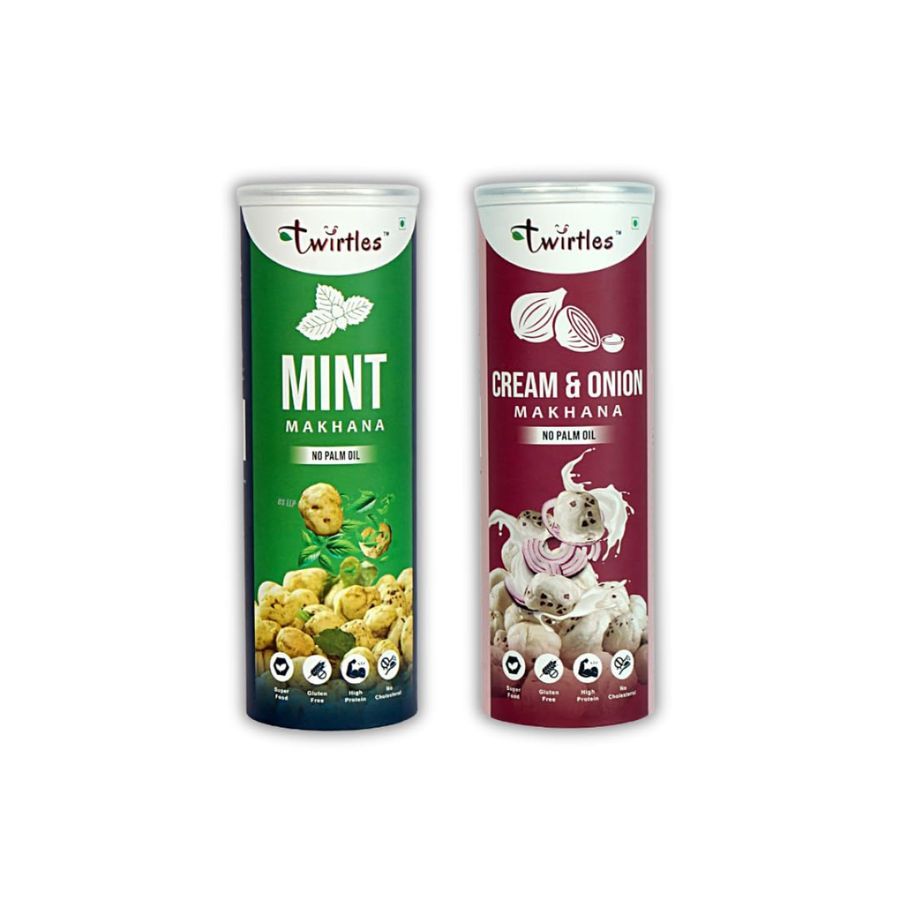 Twirtles Makhana Pack of 2 - Mint Fresh & Himalayan Pure (2 x 75g), delightful combination of refreshing Snack - 150 gm - Two packs of makhana