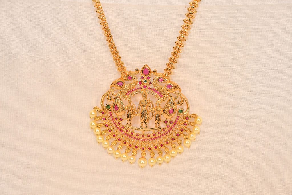 Gold Plated Temple Pendant Necklace Set view 2
