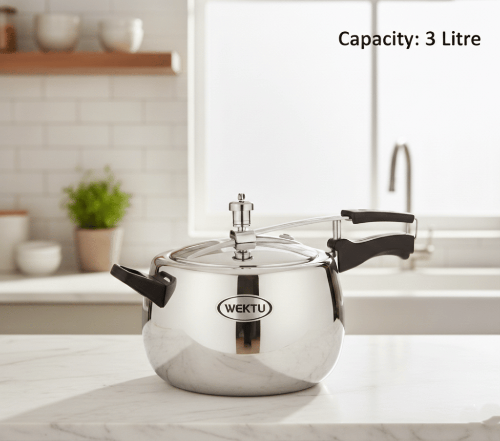 WEKTU Premium Stainless Steel Tri-Ply Belly Pressure Cooker - 3 Litre Capacity, Mirror Finish view 2