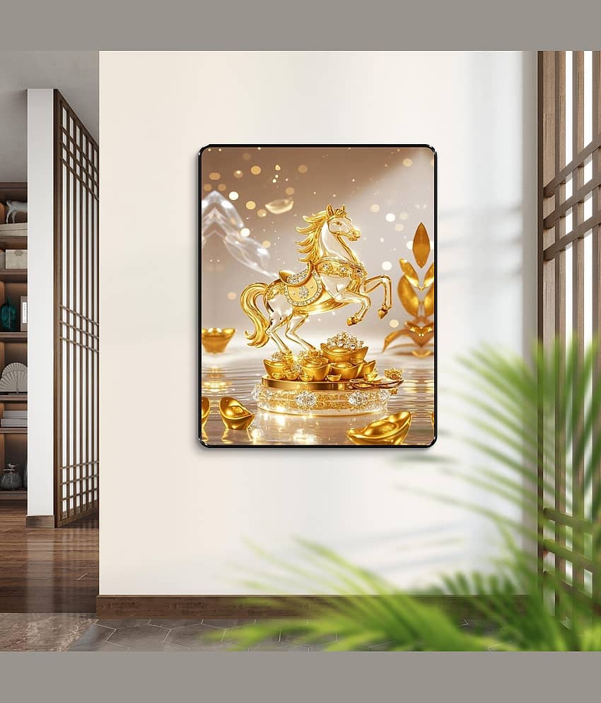 Livin'luxe Golden Horse Success Wall Art Black Frame Sparkle Lamination | Wealth & Power Vastu Office Decor view 2