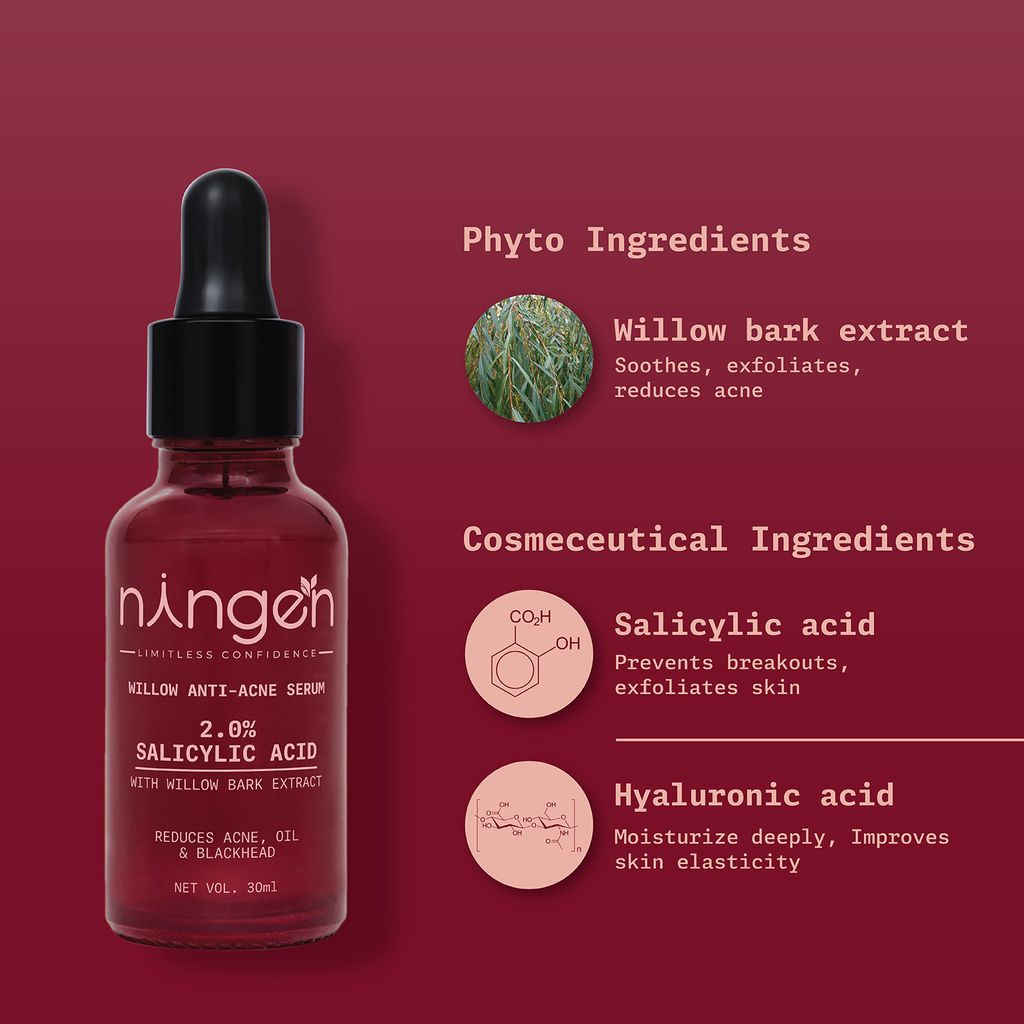 Ningen Willow Anti Acne Face Serum | Contains 2% Salicylic Acid | Blackhead & Breakout Control view 2