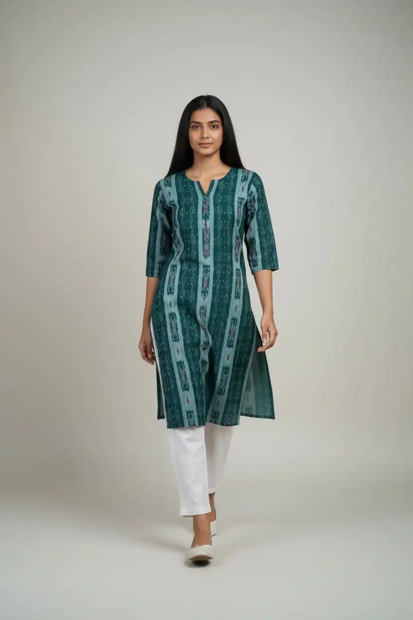 Sambalpuri Ikat Forest Green Cotton Kurti view 2