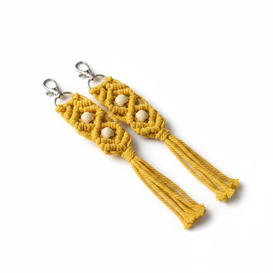 Handcrafted Yellow Cotton Macrame Keychain with Wooden Beads