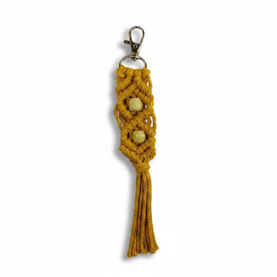 Handcrafted Yellow Cotton Macrame Keychain with Wooden Beads view 2