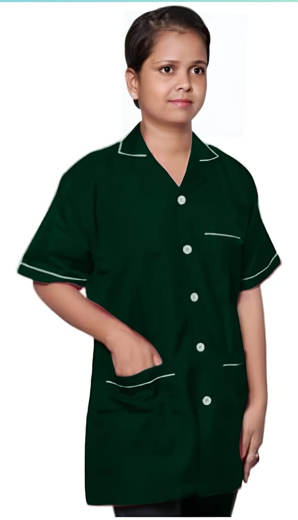 Medical Staff Apron | 3-Pockets Apron | Bottle Green Color | Unisex Pattern | Style with White Pipine | Comfortable | Durable | Best Fitted For Medical Professionals (Staff, Nursing & Lab Technicians) view 2