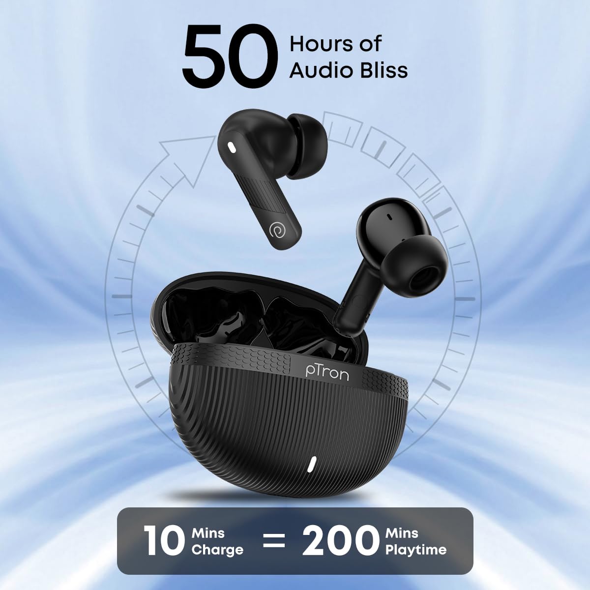 pTron Bassbuds Fury in-Ear TWS Earbuds with 13mm Drivers, 50Hrs Playtime, AI-ENC Clear Calls, Bluetooth V5.4 Wireless Headphones, Voice Assistant, Type C Charging & IPX5 Water Resistant (Black) view 2