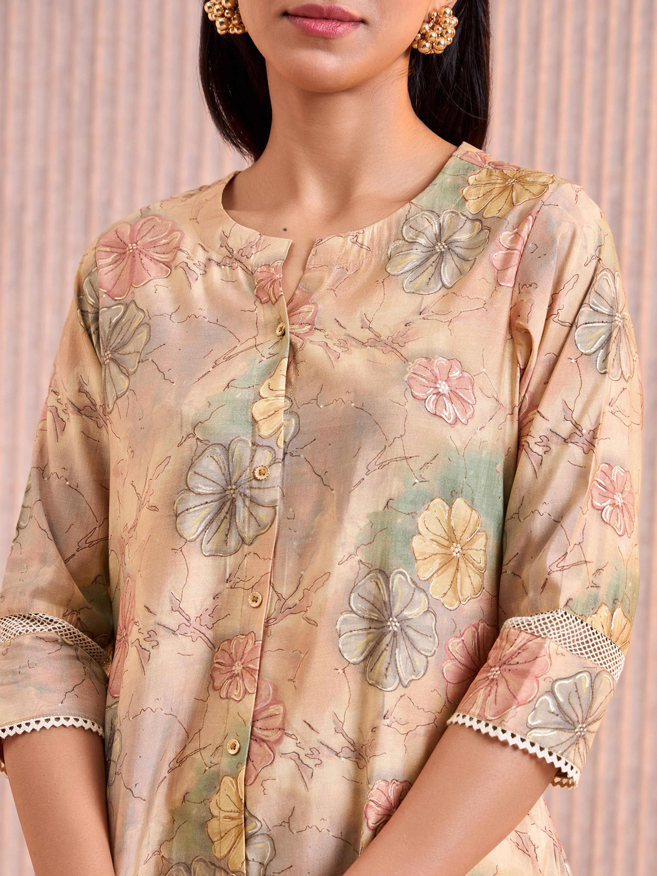 Beige Modal Chanderi Foil Printed Kurti With Lace Detailing view 2