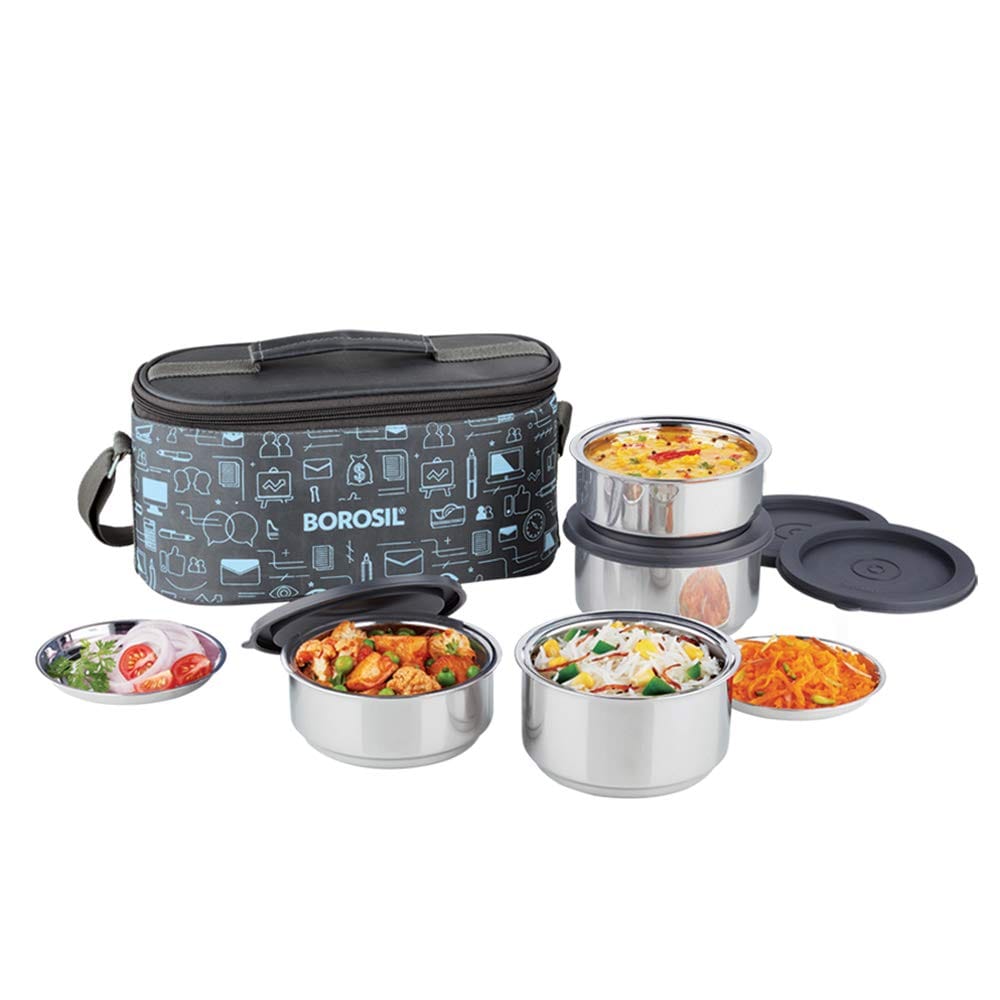 Borosil Carry Fresh Stainless Steel Lunchbox | 4pc Set (280 ml x 2 + 180 ml x 2) | Tiffin for Office, School & College with Food Grade Steel | Leakproof & Dishwasher Safe | 1 Year Warranty view 2