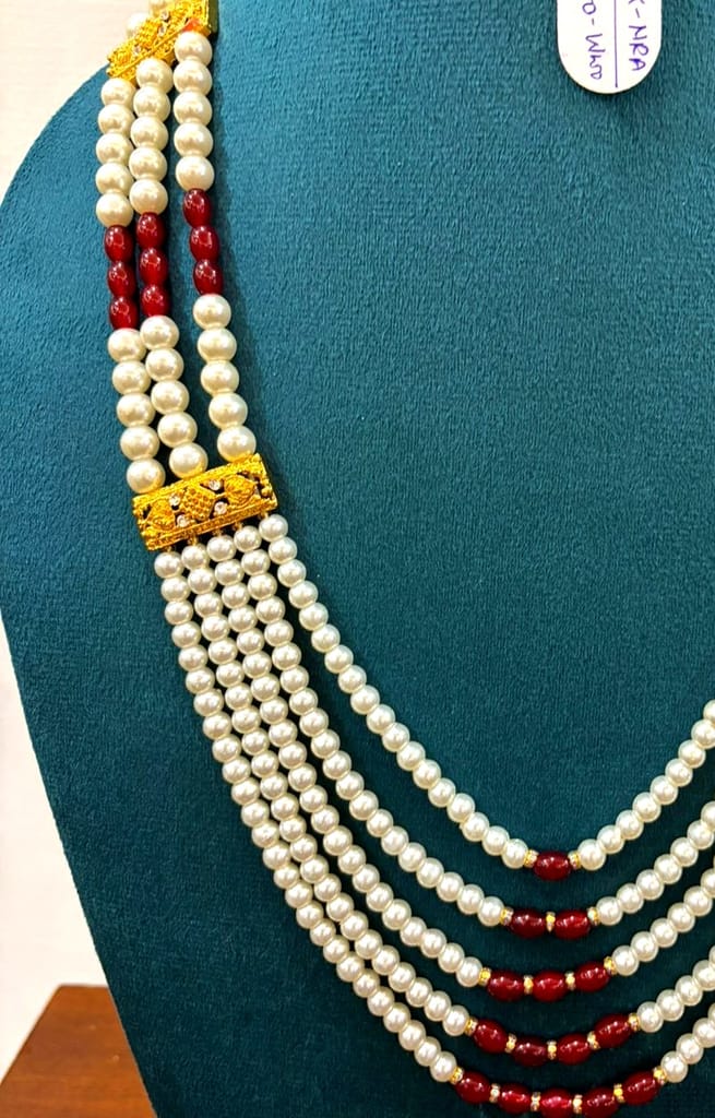royal 5-layerd white moti pearl necklace with gold connection and red beads view 2