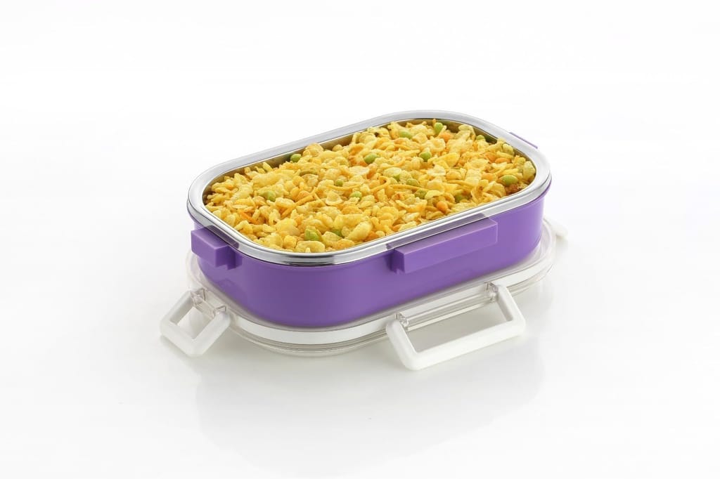 HAPPI Stainless Steel Leak Proof 4 Side Lock System Lunch Box for Office Men and Lunch Box for Kids, Food Warmer Lunch Box with Removable Small Container with 2 Spoons Set (Purple) view 2