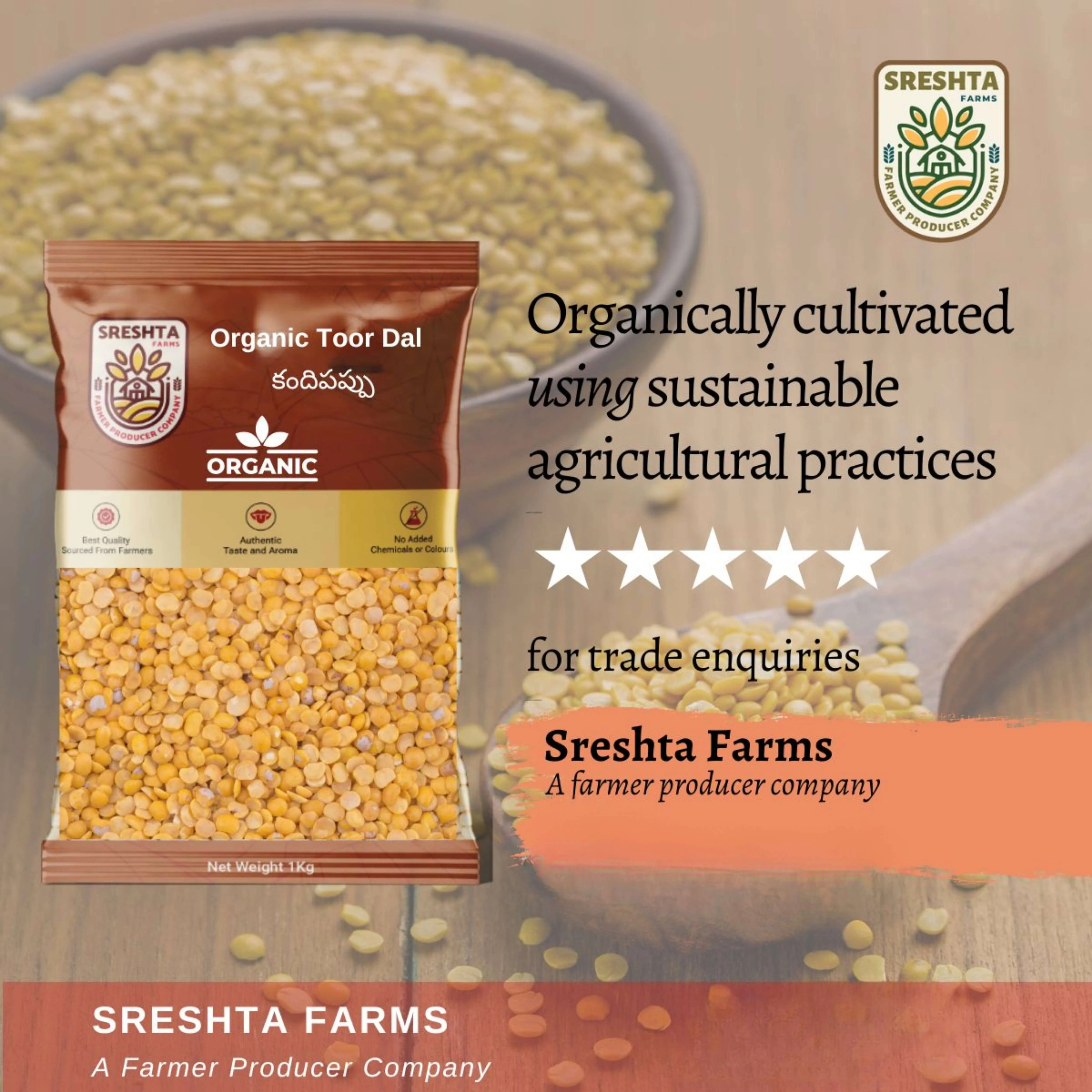 Sreshta Farms Organic Toor Dal (Kandi Pappu) Unpolished view 2