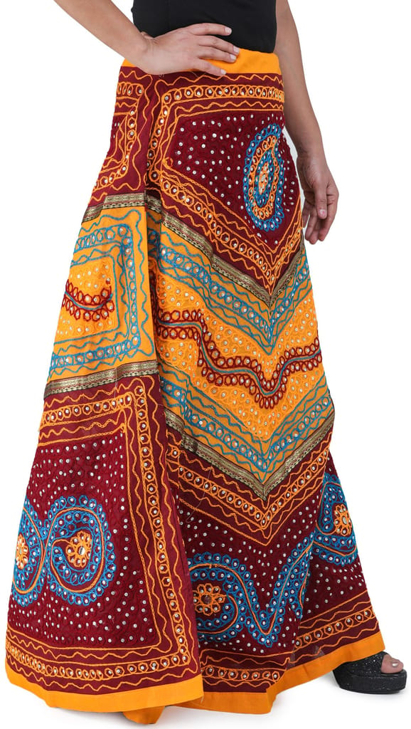 Maroon And Yellow Long Ghagra Skirt from Jaipur with Aari Embroidery and Sequins view 2