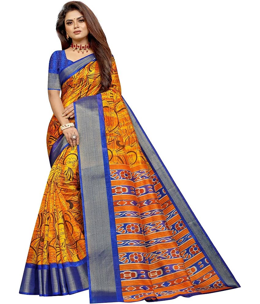 Aardiva Cotton Silk Printed Saree With Unstitched Blouse Piece ( Yellow )