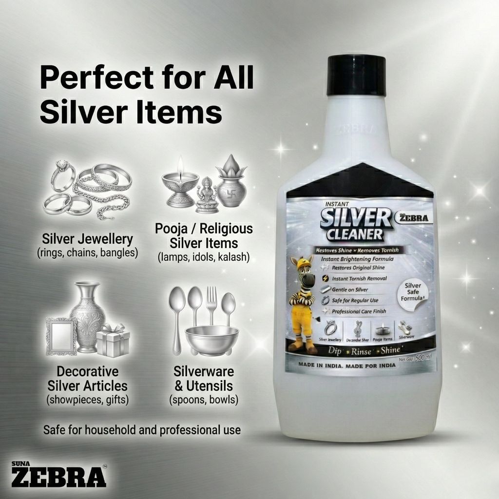 SUNA ZEBRA Instant Silver Cleaner Liquid – Dip Rinse Shine Formula | Removes Tarnish & Restores Original Silver Shine | Safe for Jewellery, Pooja Items & Silverware | 500 ml view 2