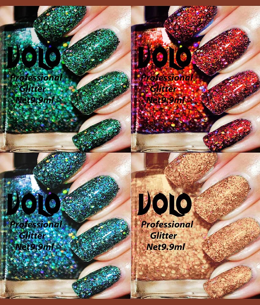 VOLO Professionally Used Glitter Shine Nail Polish Green,Red,Blue Gold Pack of 4 39 mL view 2