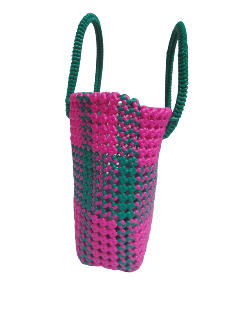 Small Handwoven Market Tote Bag with Bright Pink and Green view 2