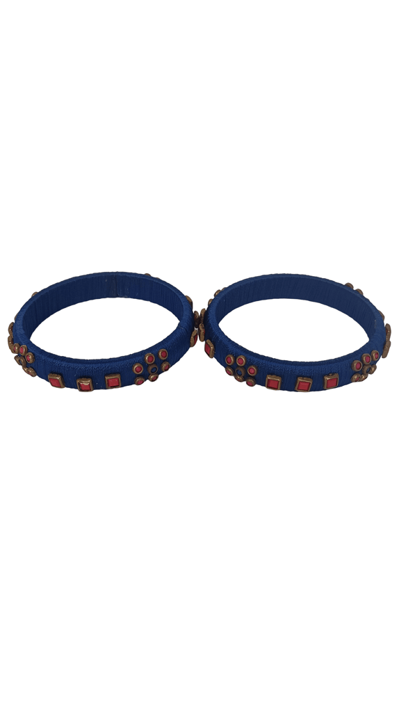 Blue Silk Thread Bangle with Red Stone and Pearl Embellishment view 2