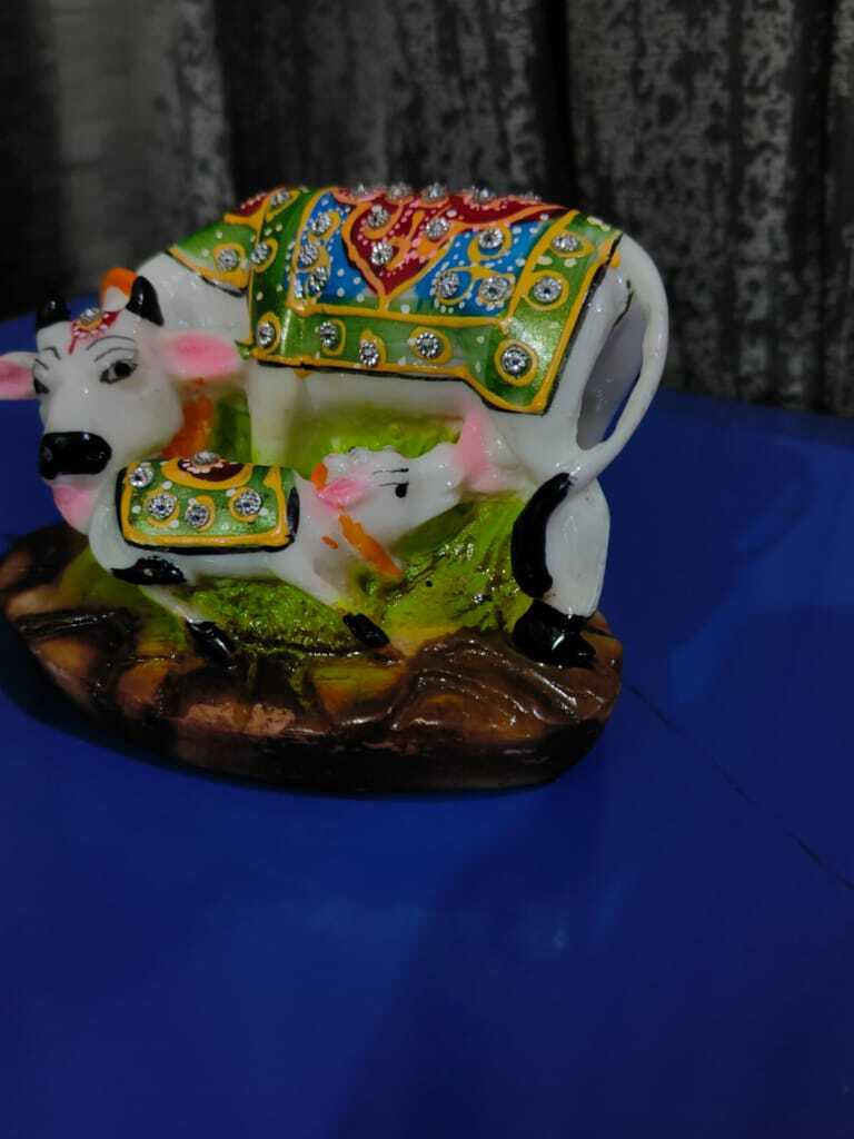 Handcrafted Kamdhenu Cow & Calf Idol with Kundan Work - Home Decor & Gifting view 2