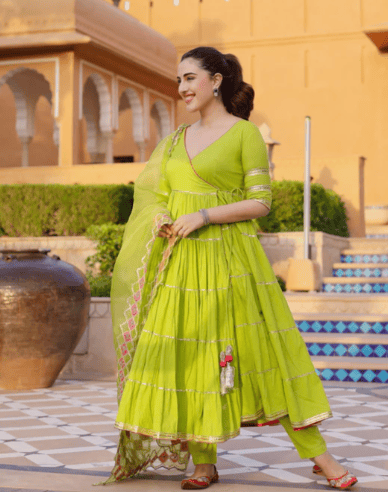 Lime Green Anarkali Kurta Set with Dupatta view 2