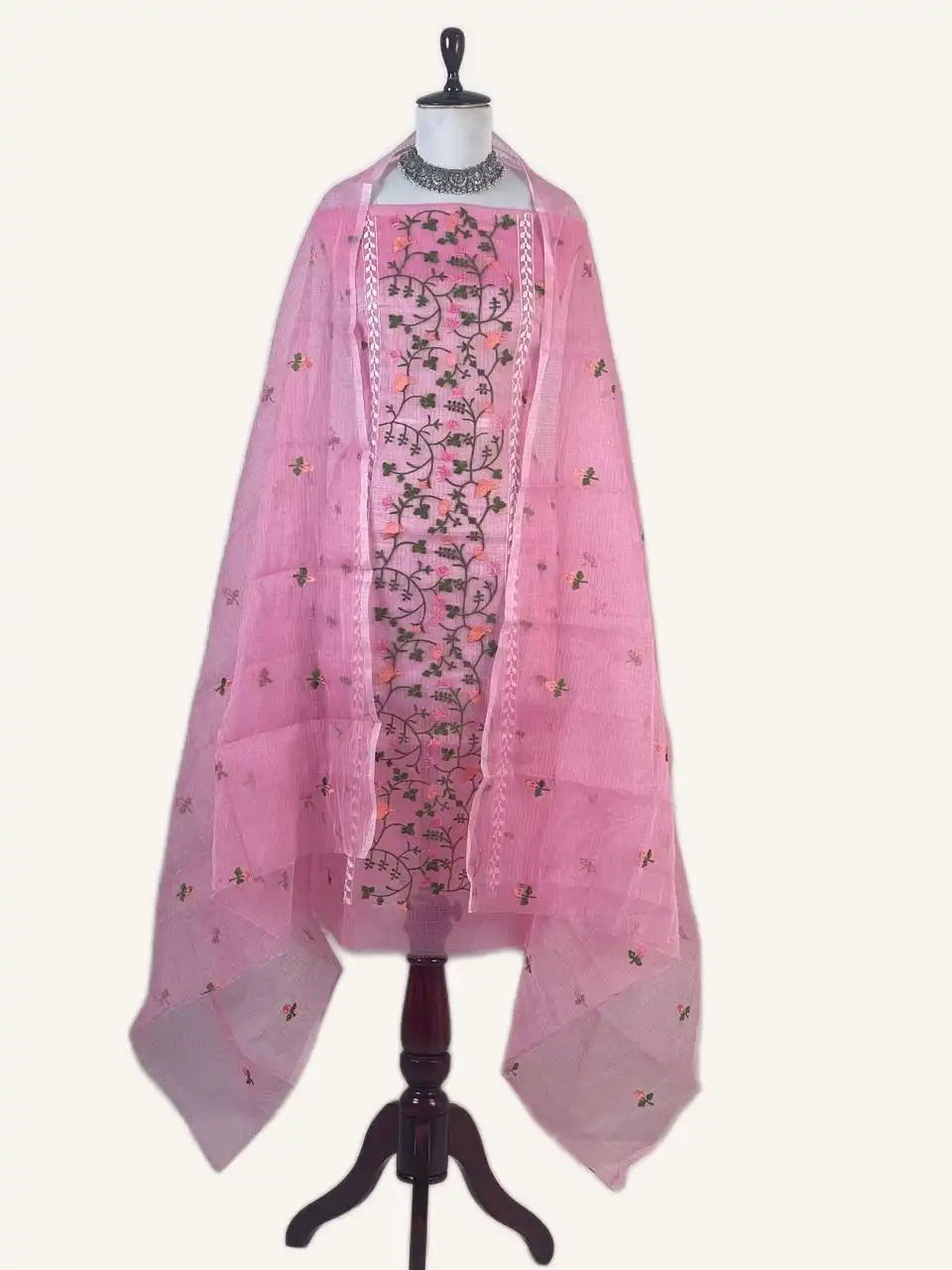 Kota Doria Dress Material Onion Pink Floral Jaal view 2
