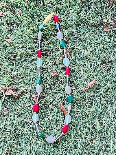 Handcrafted Multi-Gemstone Beaded Necklace, Green, Red, Gray, Mint with Gold Accents, Oval Stone Design view 2