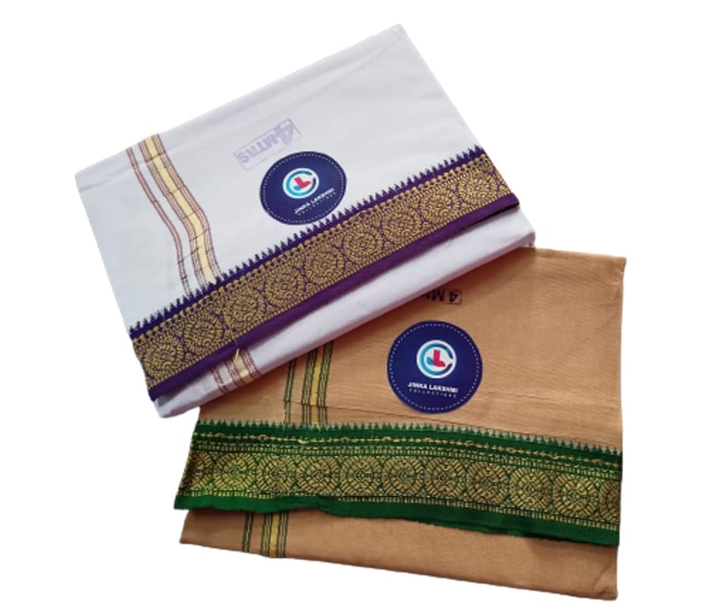 Jinka Lakshmi Collections 100% Handloom Cotton Dhoti With Zari Border Up and Down 4 Meters Unstitched Pack of 2 (Multicolor-8) view 2