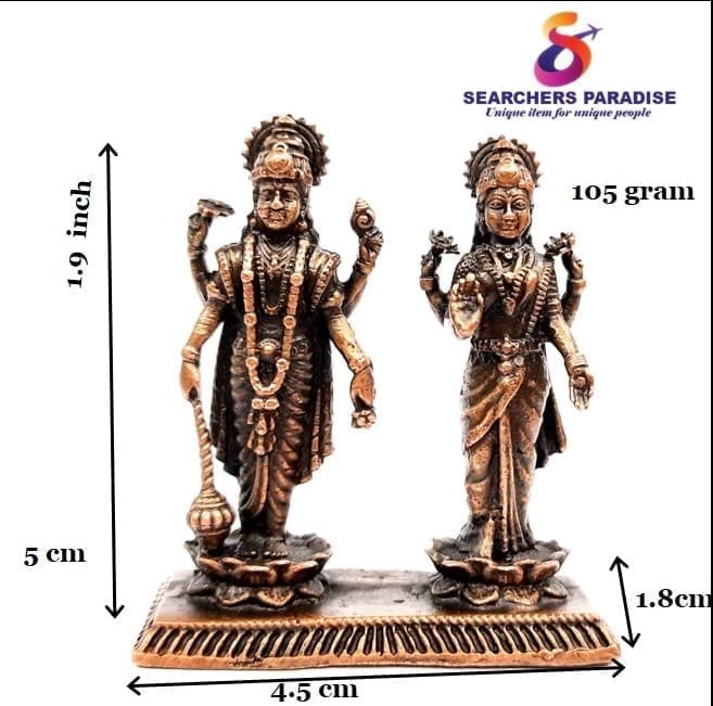 Searchers Paradise - Copper Idols Vishnu Lakshmi,1.9 inches, Copper Handmade 105 Grams, Patina Antique Finish, Pack of 1 Piece view 2