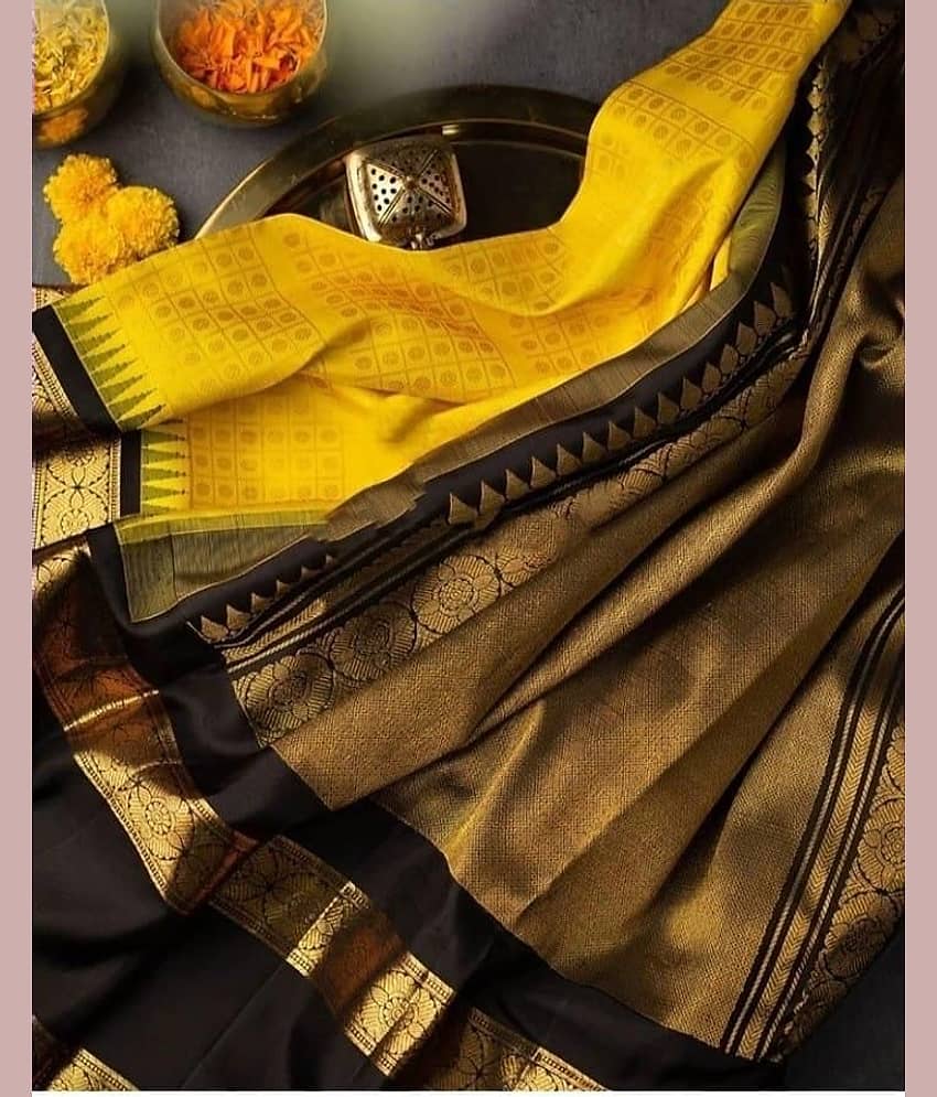 Prijari Art Silk Woven Kanjeevaram Sarees With Unstitched Blouse Piece ( Yellow ) view 2