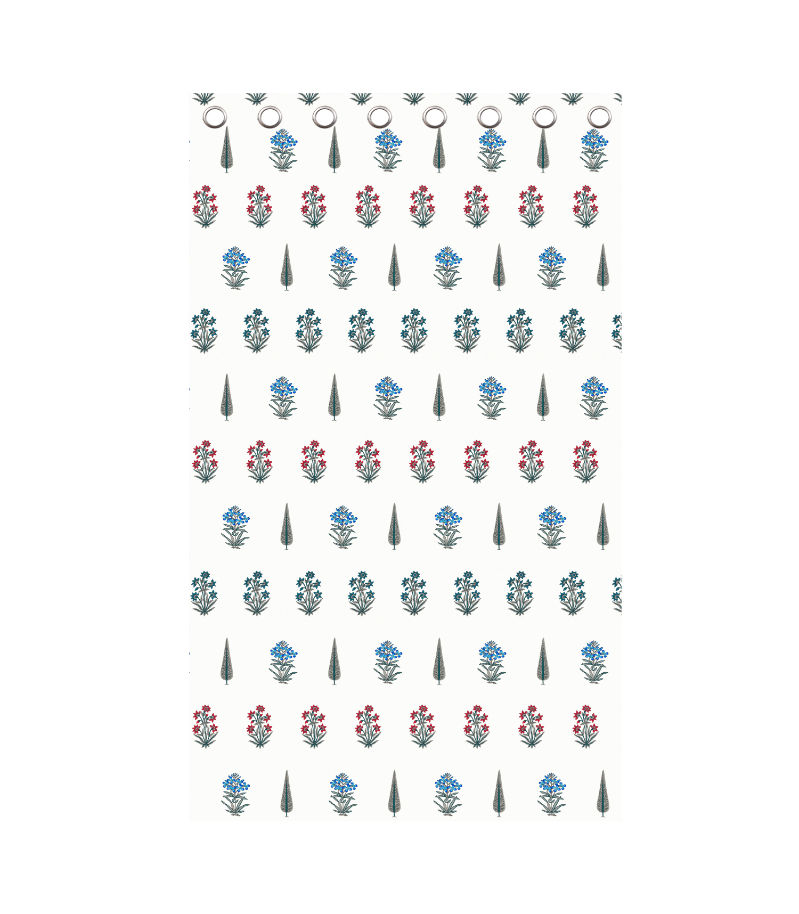 Traditional Indian Block Print Curtains Red & Blue Flowers with Grey Leaves /Pure Cotton Drapes ( 5 Feet ) view 2