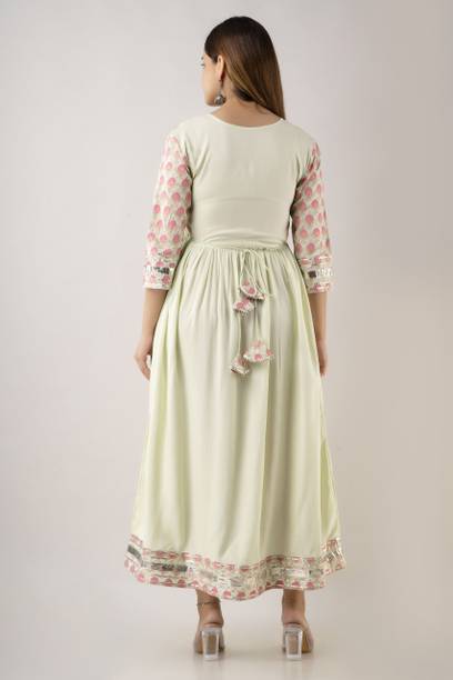 Women Printed Viscose Rayon Flared Kurta (Light Green) view 2