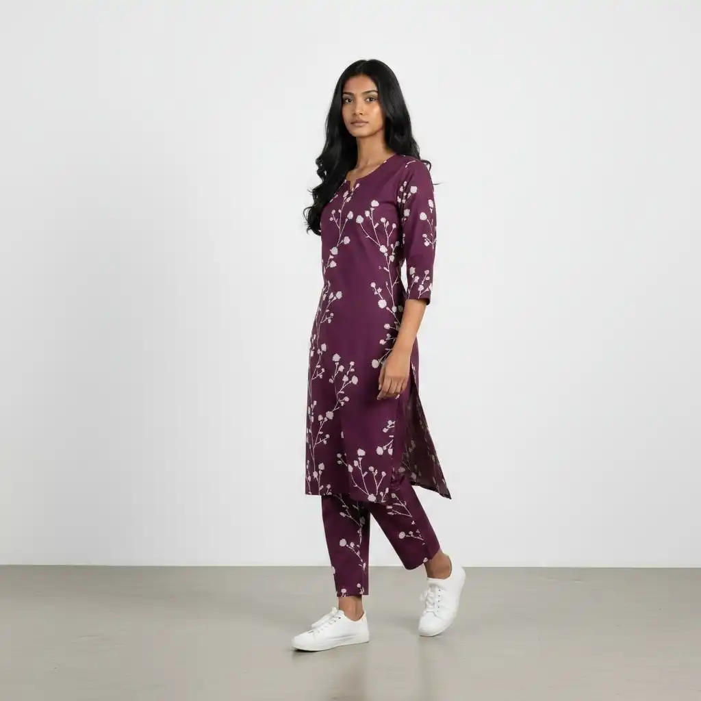 Mangalagiri Cotton Kurti and Pant Set in Mauve Purple, Screen Print view 2