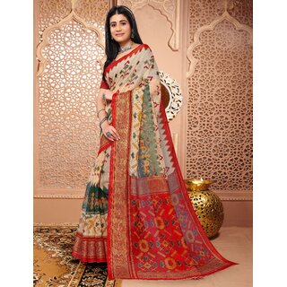 Off White And Pink Colour Printed Ikkat Printed Saree view 2