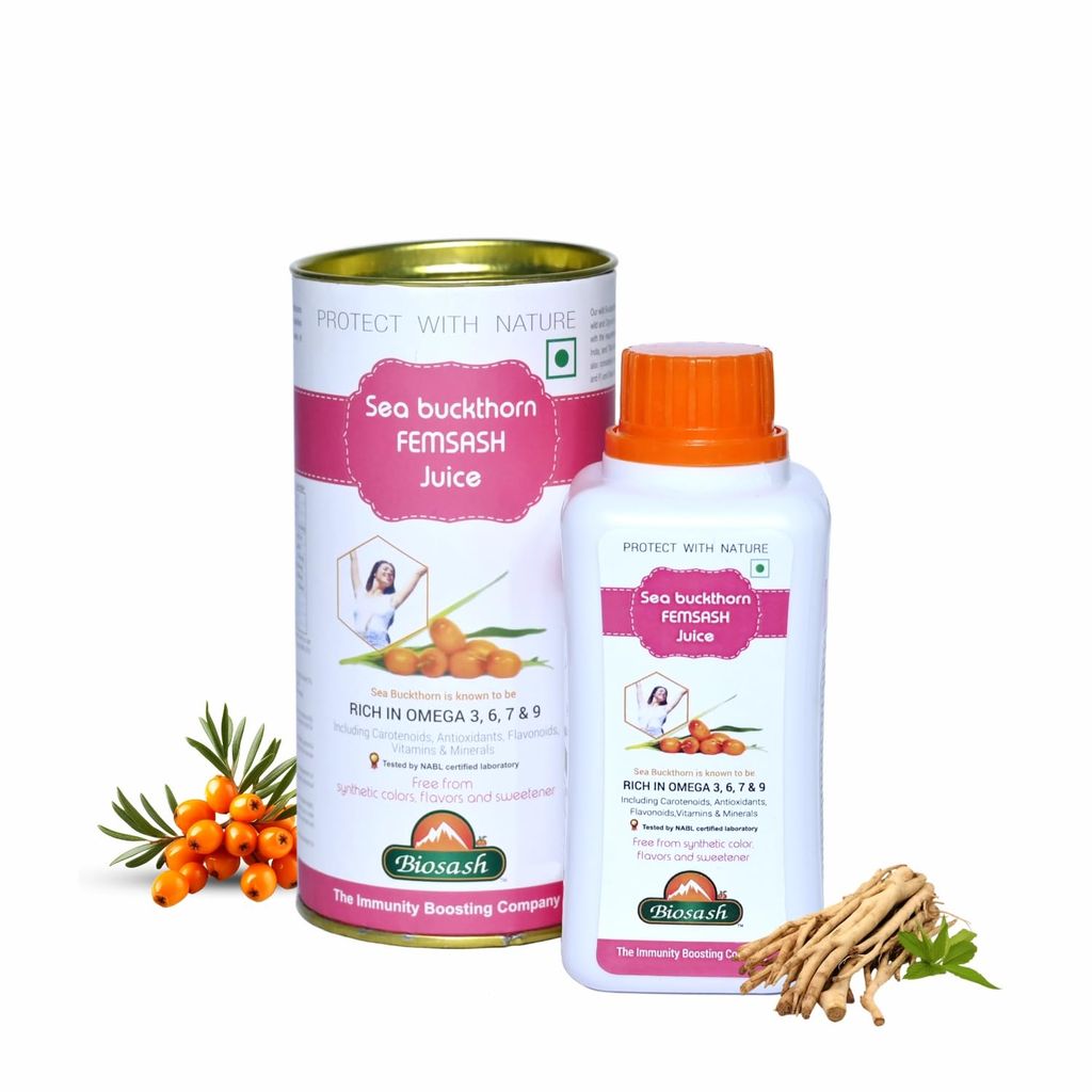 Sea Buckthorn FEMSASH Juice 250ml | Cold-Pressed from Certified Organic Berries | With Shatavari, Ashok Chal, Ashwagandha & Herbs | Omega 3 6 7 9 | No Added Sugar | Women’s Wellness & Vitality