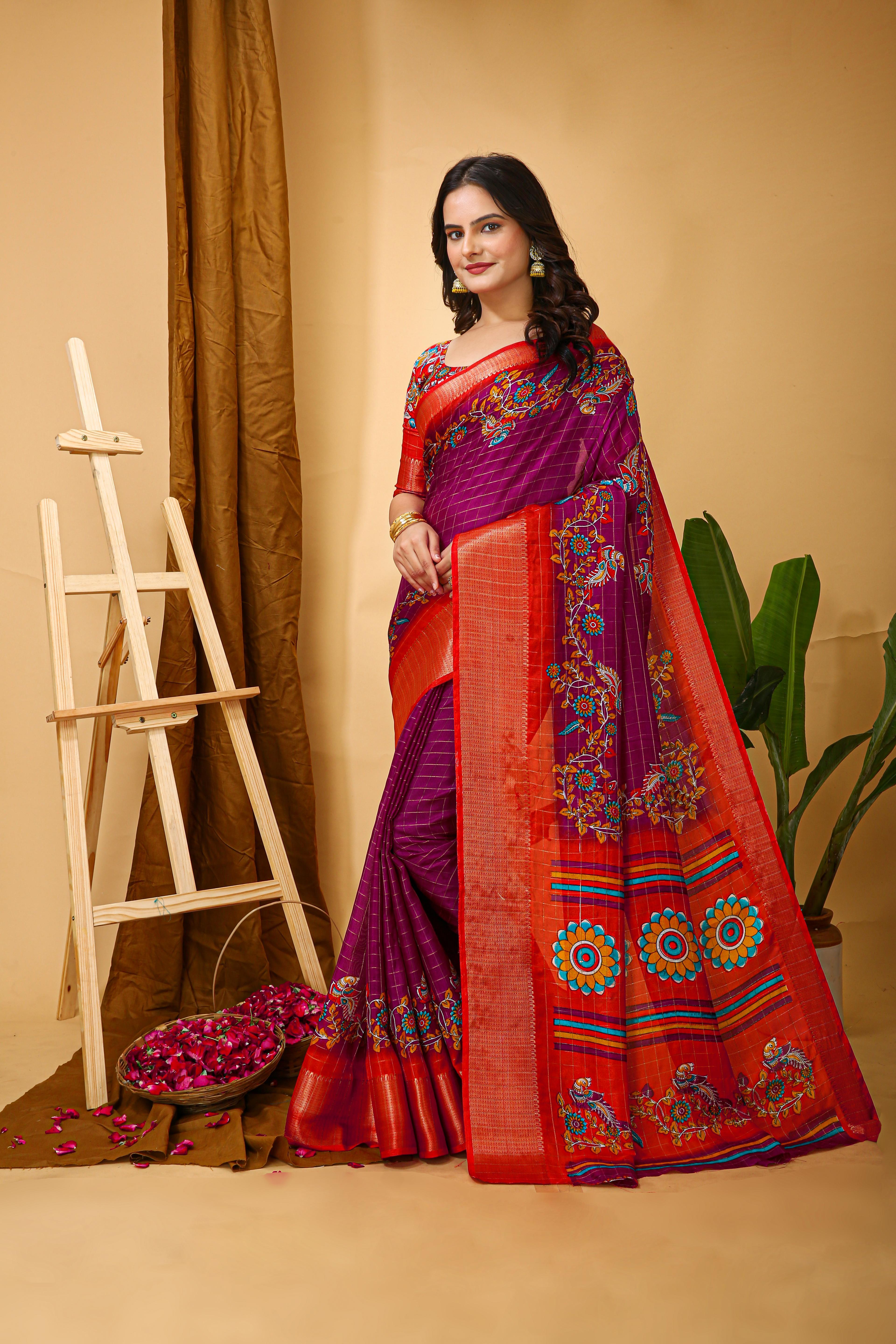 Kalamkari Print Dola Silk Saree view 2