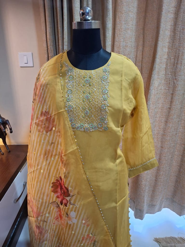 Yellow Organza handwork kurti paired with digital print organza dupatta Available in M, L , Xl, XXl view 2