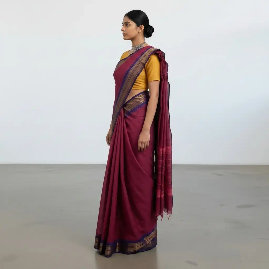 Kanchipuram Handloom Cotton-Silk Saree in Magenta Pink with Zari Border view 2