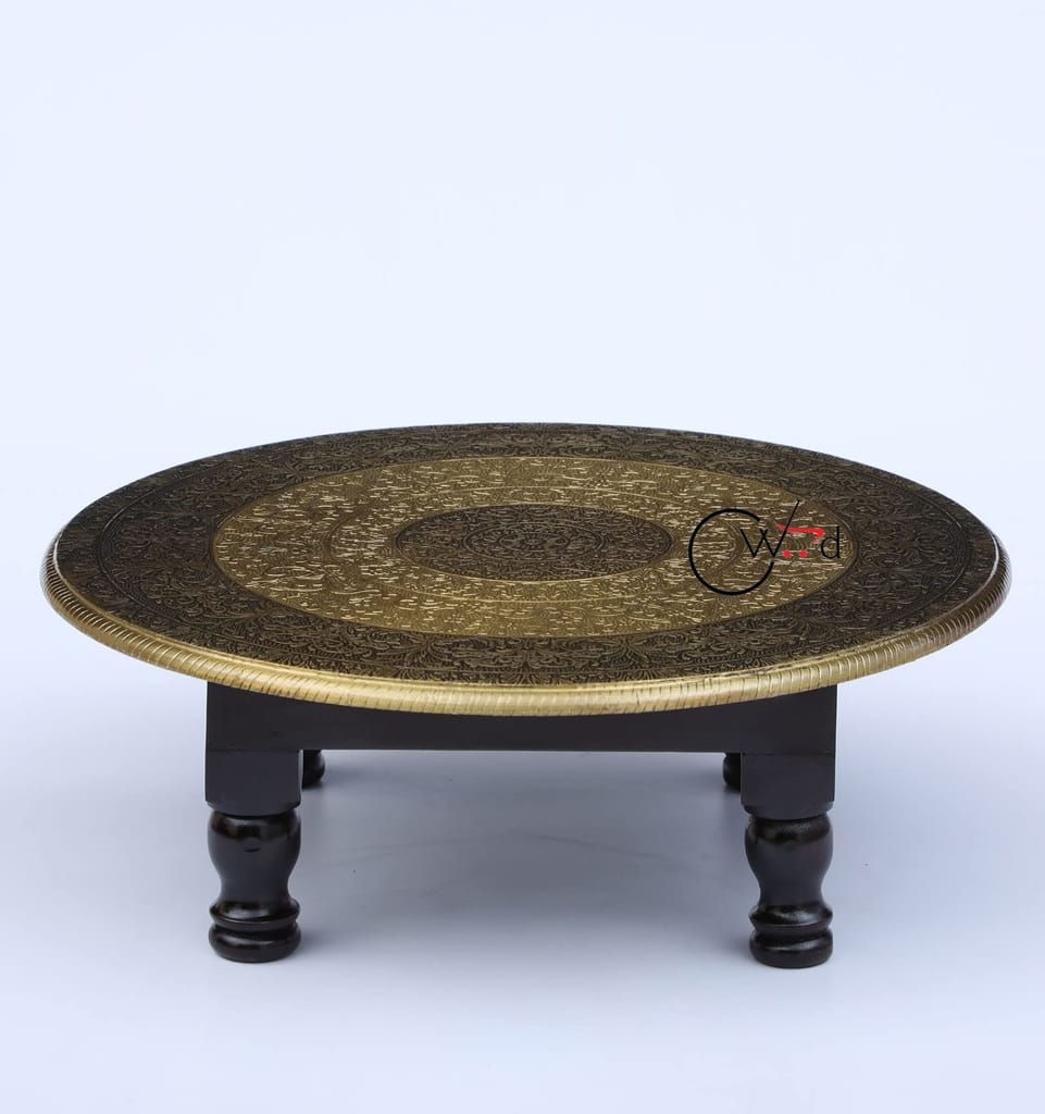 Wood To Cart® Pooja Bajot Stool/Pooja Decor/Chowki/Patla/Chowki for Daily Prayer/Sitting Chowki for All Purpose(Round Gold bajot-18x18x6 inches) view 2