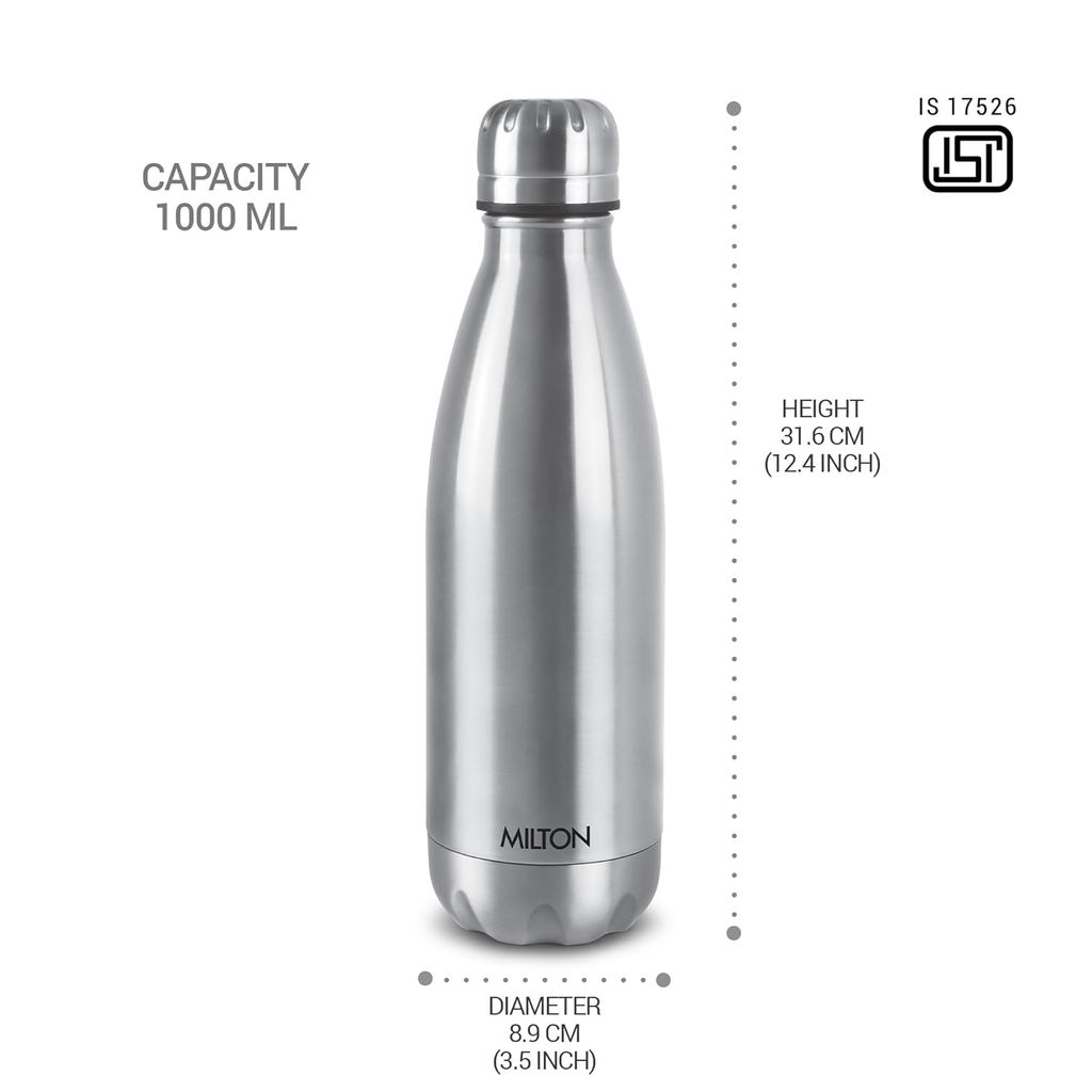 Milton Duo DLX 1000 Thermosteel 24 Hours Hot and Cold Water Bottle, 1 Litre, Silver view 2